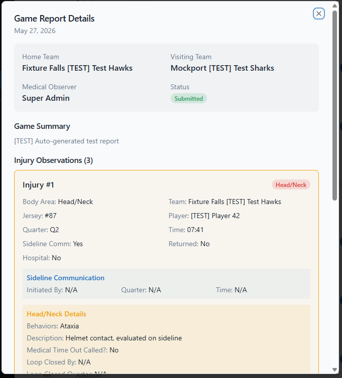 Injury observation report with conditional head/neck fields