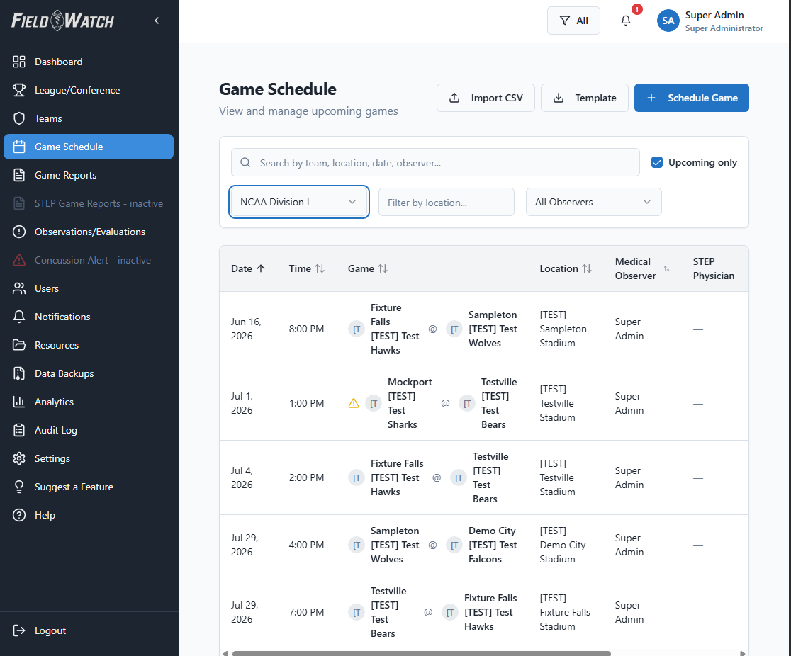 Game schedule and medical-observer assignment view
